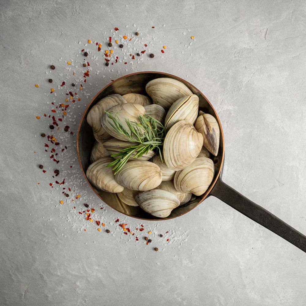 Florida Middle Neck Clams with seasoning in pot by FishFinery